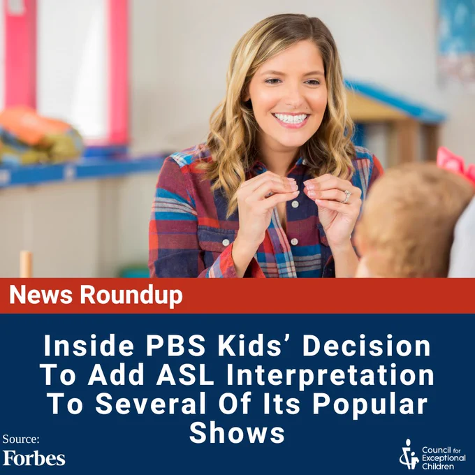 Dark blue background with red bar. There is an image of a woman using American Sign Language to communicate to a child. The text reads, "News Roundup: Inside PBS Kids’ Decision To Add ASL Interpretation To Several Of Its Popular Shows"