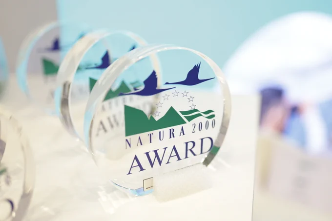 A close-up photo of the Natura 2000 trophies on a table.