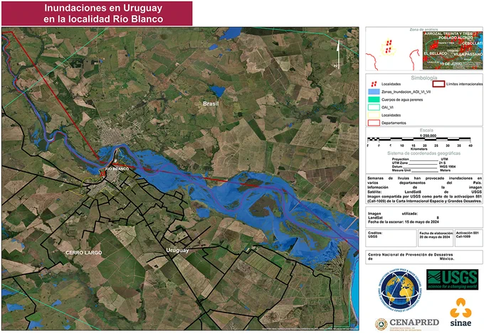 Flood map of Rio Branco in Uruguay. Landsat 8 imagery from 15 May were used in the map to estimate the extent of flooding on the Acre River.