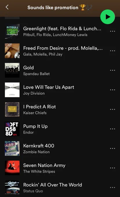A screenshot of a Spotify playlist titled 'Sounds like promotion'. The songs listed are Greenlight by Pitbull; Freed from Desire by Gala; Gold by Spandau Ballet; Love Will Tear Us Apart by Joy Division; I Predict a Riot by Kaiser Chiefs; Pump It Up by Endor; Kernkraft 400 by Zombie Nation; Seven Nation Army by The White Stripes and Rockin' All Over The World by Status Quo.