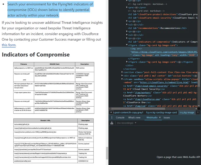 Screenshot of the blog post by cloudflare, where they suggest readers "search [their] environment for the FlyingYeti indicators of compromise (IOCs) shown below", but the IOCs are just low-res screenshots.