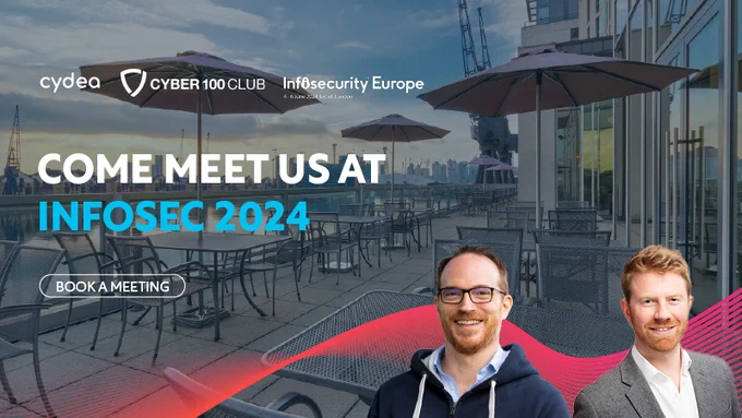 Image of a riverside terrace overlaid with the text ‘come meet us at infosec 2024 book a meeting’ with headshots of Niall and David