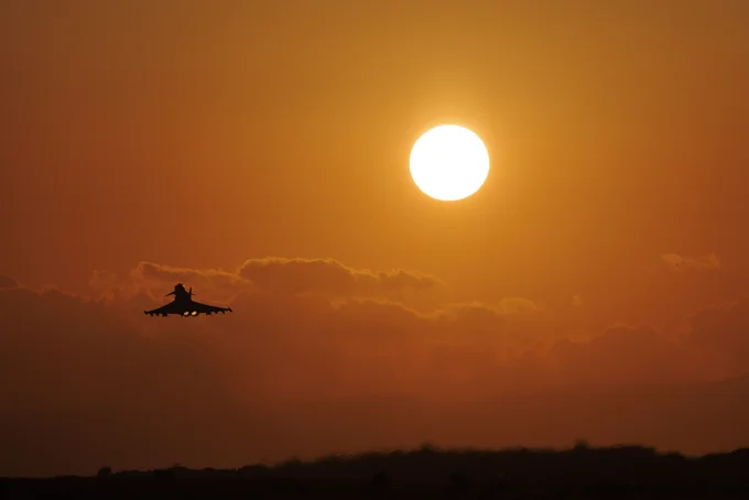 An RAF typhoon takes off to conduct an operation against Houthi targets which are engaged in attacks on international shipping in the Red Sea.
