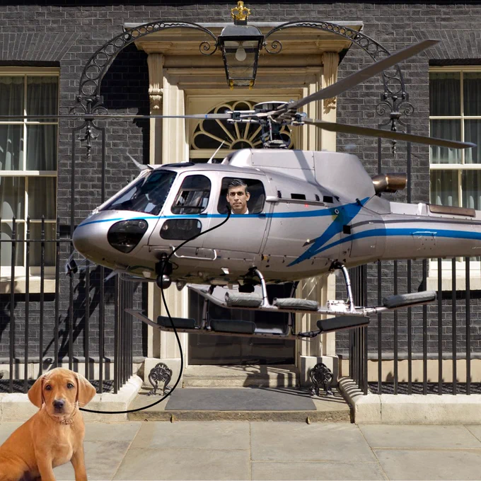 Edited image of Rishi Sunak in a helicopter walking his dog outside number 10 downing street