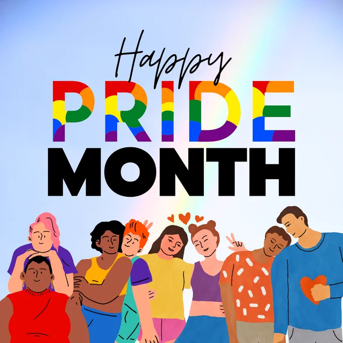 Image with wording Happy PRIDE Month with various people expressing the vastness of the LGBTQ community genders, orientations, color.