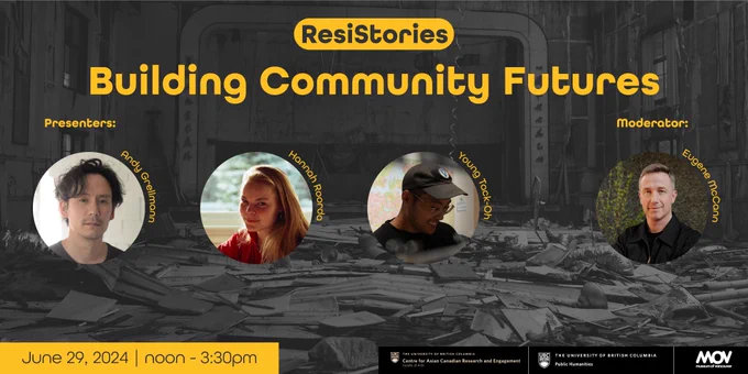 Photos of Andy Grellmann, Hannah Roorda, Young Tack-Oh and Eugene McCann, panelists and moderators at the "ResiStories: Building Community Futures" on June 29, 2024, noon - 3:30pm, overlaid on a background image by artist Yao Jui-Chung with debris in front of a buildings, "Mirage: Disused Public Property in Taiwan", currently on display at the Museum of Vancouver