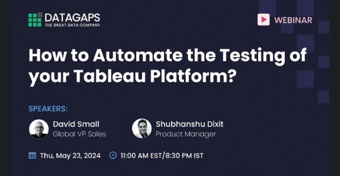 Key takeaways:  How Datagaps DataOps Suite 
Advanced Tableau Testing Automation tool for Regression and Stress Testing. 
How Datagaps' BI Validator is used to tackle data-related issues and anomalies. 
How Datagaps BI Validator simplifies Automation Testing with its metadata feature 
Real-World Case Studies and Success Stories, exhibiting the transformative impact of Tableau Testing Automation with Datagaps BI Validator. 
To keep track of our upcoming webinars and product updates, do follow @DataGaps Company page. 
 
#TableauAutomationTesting #TableauDataValidation #DataQualityTestingAutomation #BIValidator #BusinessIntelligenceValidator #BusinesssIntelligence #BusinessIntelligenceAnalyst #DataMigrationAutomation #DataReconciliation #DataWarehouseProjectAutomation