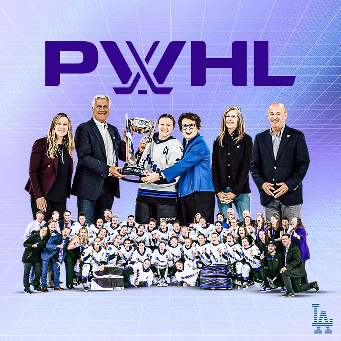 A graphic for the PWHL with a photo of Mark Walter, Billie Jean King, Stan Kasten and the PWHL Champions.