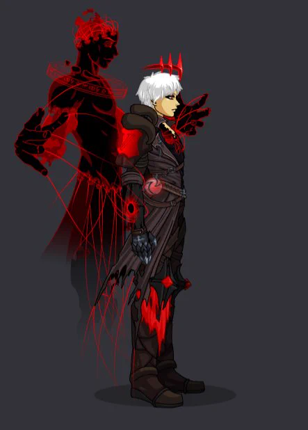 Vestra's new look, with Secundus hovering behind her. She's still unraveling, but not as totally and outwardly as before. Her shoulders have been covered up with thick soulwoven pads, and the right shoulder has a glowing red translucent V on it. Her legs are also better covered now. Incomplete scraps of bright red cloth still hang down but in sheets, not threads, and she has boots on at least.