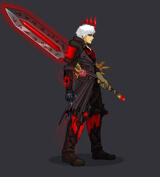 Vestra's new look in a fighting pose, holding her sword with a reverse grip.