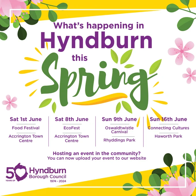 Yellow and white background with pink and green flowers around edge. Purple and green text detailing upcoming events around Hyndburn. Hyndburn council 50 years logo bottom left