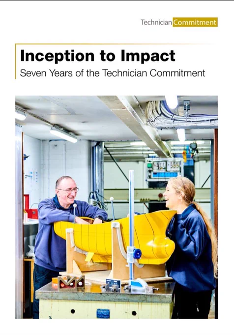 Cover of Technician Commitment report titled “Inception to Impact: Seven Years of the Technician Commitment” with an image of two marine hydrodynamics and structures research group technicians, Newcastle University