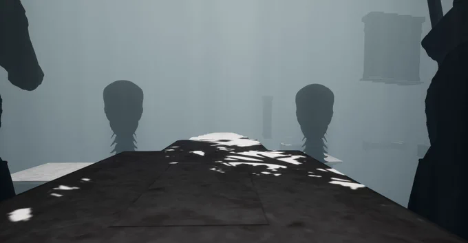 Two skulls with spines attached in the shape of worms are looking at the camera from two sides of a platform. A floating pillar can be seen in the background. The scene appears surreal.