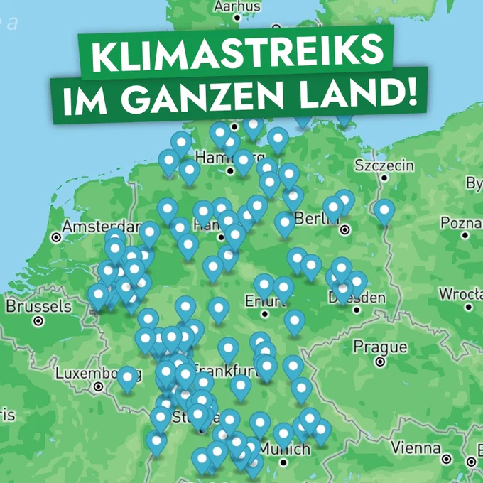 Deutschlandkarte mit Pins, wo drüber steht "Klimastreik im ganzen Land"
