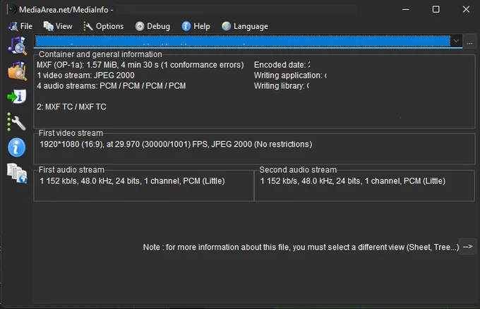 MediaInfo on Windows with dark mode.