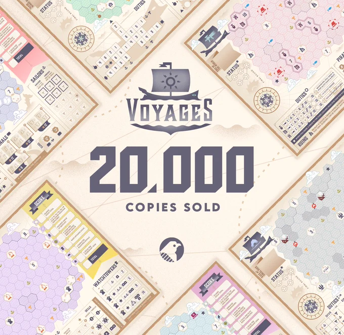 Graphic showing multiple hexagonal map game sheets with the text 'Voyages' '20,000 copies sold'