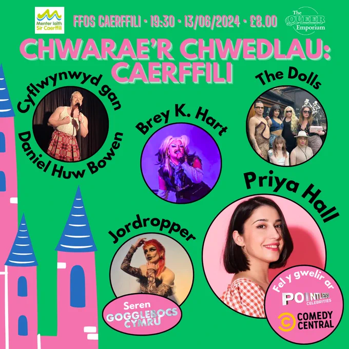 Cymraeg: Lluniau o’r holl gast o ‘Chwarae’r Chwedlau: Caerffili’ mewn cylchoedd bach, ar gefndir gwyrdd, gyda gwybodaeth angenrheidiol uwchben y teitl. Yng nghornel chwith y poster, mae delwedd fawr o gastell pinc a glas. English: Pictures of the entire cast of ‘Chwarae’r Chwedlau: Caerffili’ in circular frames, on a green background, with required information above the title. In the left hand side of the poster, there is a drawing of a pink and blue castle.
