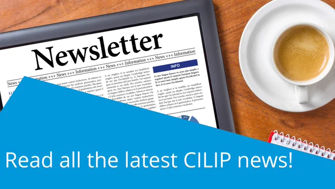 Image of tablet, cup of coffee and note pa. Copy reads: Read all the latest CILIP news