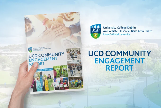 A person's hand holds a copy of the UCD Community Engagement Report alongside the UCD logo.