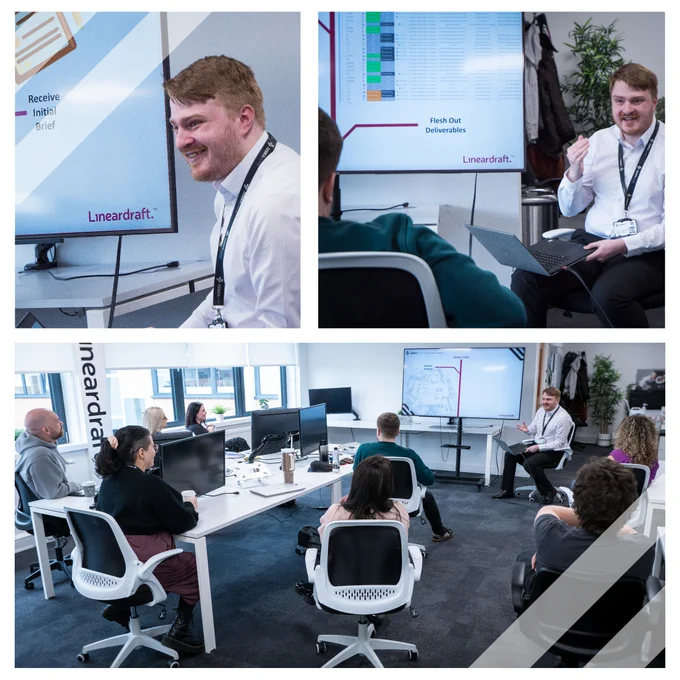 Zebraware engineer Tom gives a talk to the rest of the team in front of a PowerPoint presentation about Creating a Design Catalogue.