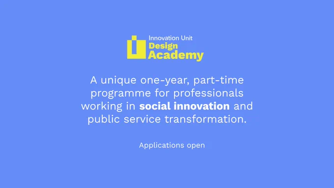 A blue slide with the IUDA logo and text reading 'A unique one-year, part-time programme for professionals working in social innovation and public service transformation. Applications open'. 