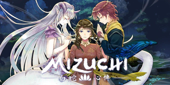 The main character dressed in an ao dai at center, holding hands with a white naga and former buddhist nun with a lot of wind and energy flowing about.
