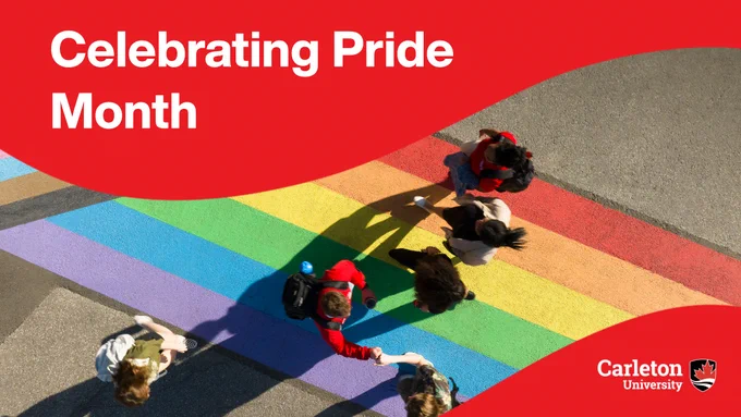 Social card with arial photo of students crossing the Pride rainbow crosswalk on campus. A red wave on the top left reads "Celebrating Pride Month" Carleton University logo in the bottom right corner.  