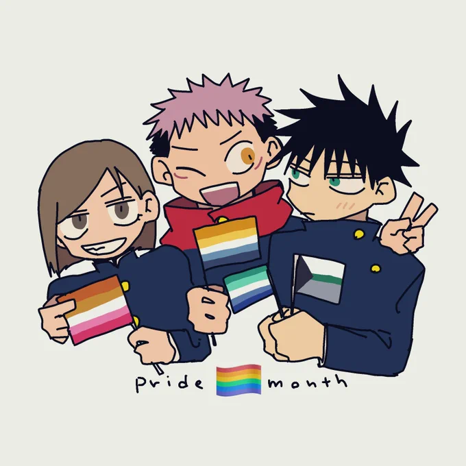 二次創作イラスト
レズビアンフラッグを持ってる釘、AroAceフラッグを持ってる虎、デミロマフラッグとゲイフラッグを持ってる伏。
pride monthの手書きの文字