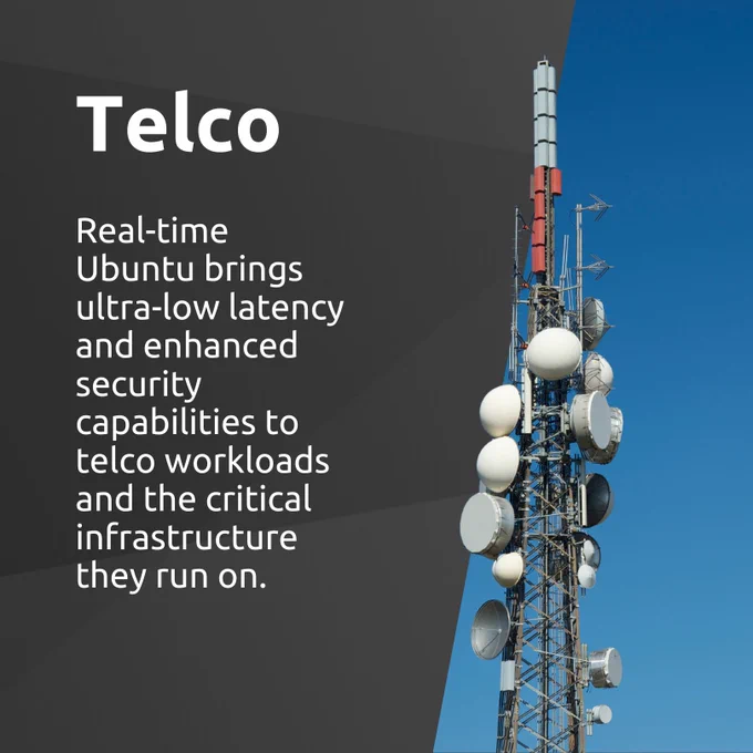 Promotional image featuring a telecommunications tower with multiple antennas and dishes, set against a clear sky. Beside it, text reads 'Telco - Real-time ultra-low latency and enhanced security capabilities are the critical trends on telco infrastructure.'