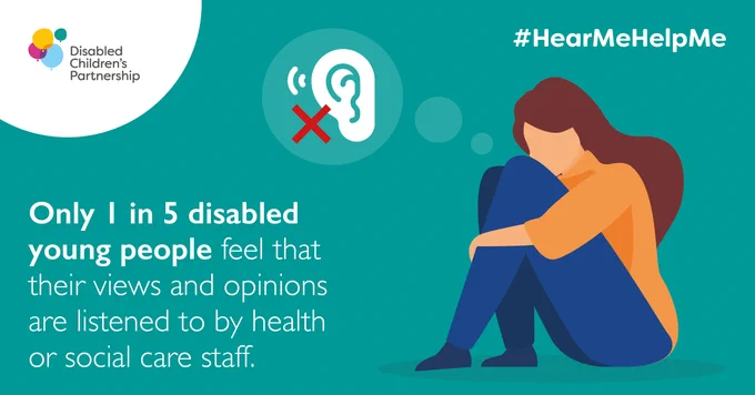 DCP campaign poster. Teal background. Young person wearing an orange top and blue jeans sat by herself on the floor. White text reads "Only 1 in 5 disabled young people feel that their views and opinions are listened to by health or social care staff". 