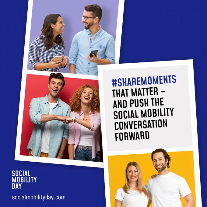 Polaroid photos of adults looking at phones, fist-bumping. Text reads: #ShareMoments that matter and push the social mobility conversation forward. Socialmobilityday.com