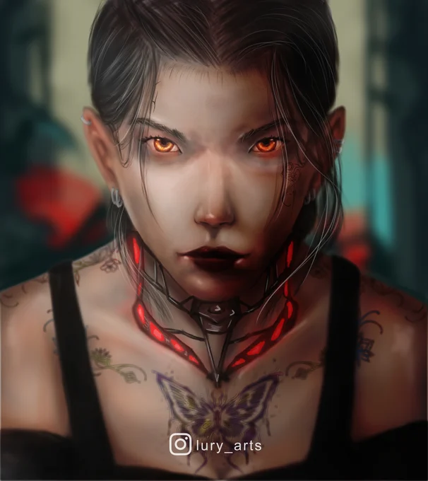 Digital artwork of a woman with glowing red eyes, intricate tattoos on the neck and chest, and a stylized butterfly tattoo on the chest. Includes the artist's signature, "@lury_arts", on the bottom.