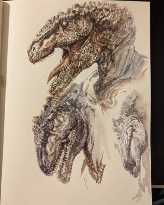 A detailed artwork of a Tyrannosaurus Rex head depicted in profile view, showing intricate texturing and shading to emphasize its powerful jaw and sharp teeth. The surroundings are simple, focusing attention on the dinosaur. 