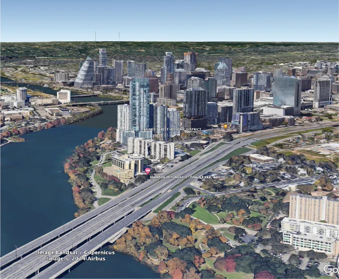 Aerial view to NNW of Austin TX, from ~2023 GoogleEarth imagery.