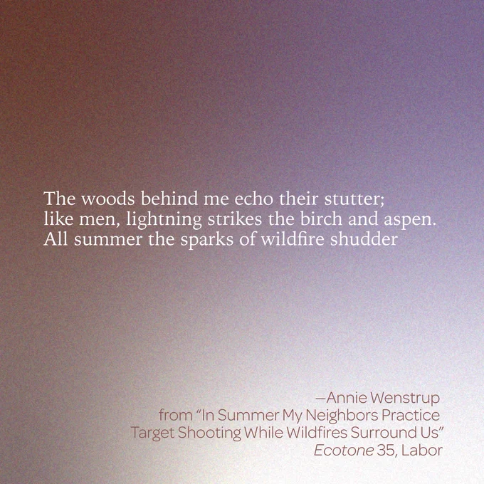 “The woods behind me echo their stutter; / like men, lightning strikes the birch and aspen. / All summer the sparks of wildfire shudder” 
--Annie Wenstrup 
from “A In Summer My Neighbors Practice Target Shooting While Wildfires Surround Us” 
Ecotone 35, Labor 