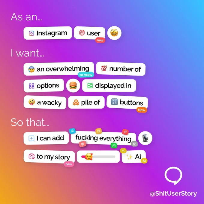 Image repeats text of tweet content in the unhinged button style of instagram stories