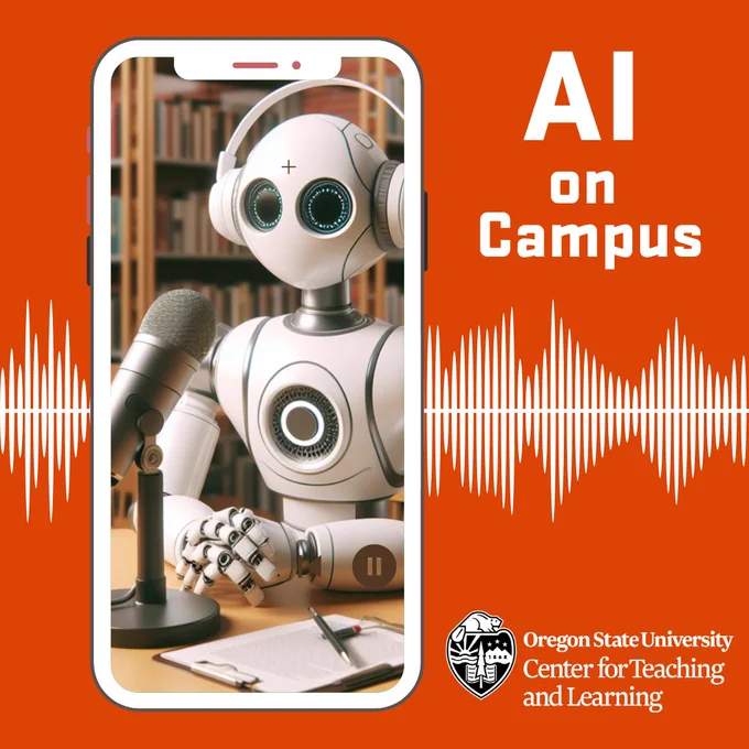 AI on Campus.  Picture of robot in front of mic.
