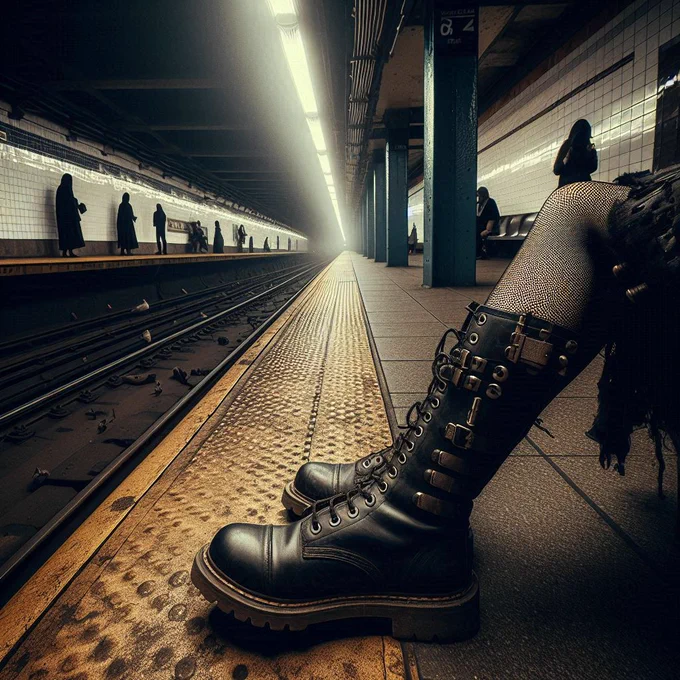 Eye level view of a dimly lit subway platform with a punk woman wearing combat boots waiting alone, a single beam of light highlighting her presence, with emptiness echoing around, ghostly figures barely visible in the shadows, rats near the tracks, captured with a Nikon D3 using a wide-angle lens