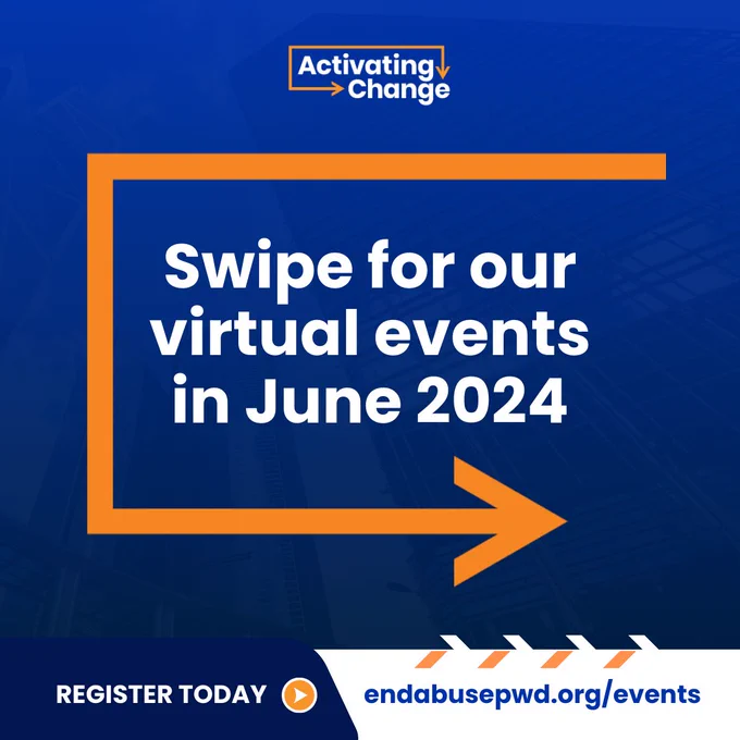 Blue and orange graphic 
Activating Change logo

Swipe for our virtual events in June 2024
Orange arrow pointing right 

Register Today (right arrow) endabusepwd.org/events 