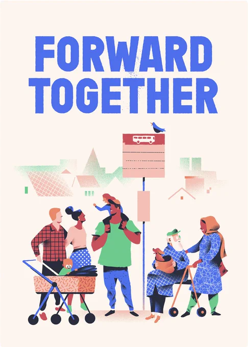 Graphic of people of all races, genders and ages standing at a bus stop and text reading “Forward Together”