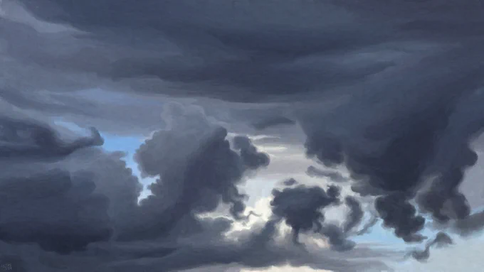 Digital painting of a cloudy sky, light blue in the very background with very dark grey clouds strewn about the frame. Some are long and thick, others are small and straggly.