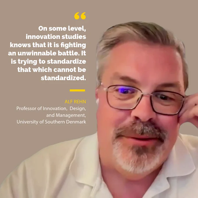 Picture of Alf Rehn with the text "On some level, innovation studies knows that it is fighting an unwinnable battle. It is trying to standardize that which cannot be standardized"