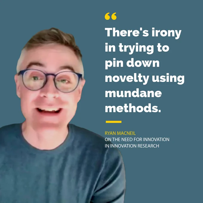 Picture of Ryan MacNeil, with the quote "There's irony in trying to pin down novelty using mundane methods."