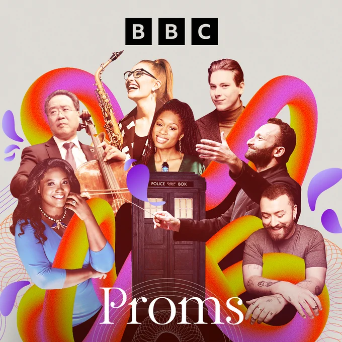 BBC Proms-branded composite image. Colourful ‘noodles’ interact with some of this season‘s artists. From bottom L to bottom R: Angel Blue, Yo-Yo Ma, Jess Gillam, Isata Kanneh-Mason, Klaus Mäkelä, Kirill Petrenko and Sam Smith with TARDIS at centre.
