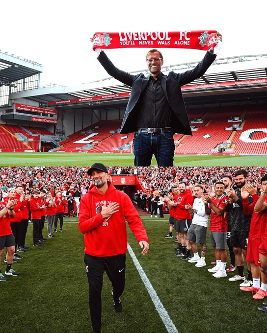 Two images of Jürgen Klopp, one on his first day as Liverpool manager, and one on his last.
