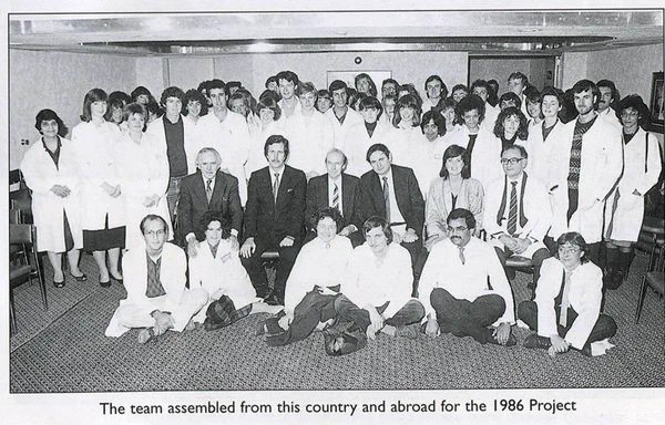 a black and white newspaper clipping with a group of members of Round Table, supporting Anthony Nolan
