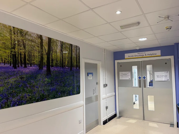 Photo of entrance to the non-surgical oncology ward at Huddersfield Royal Infirmary.