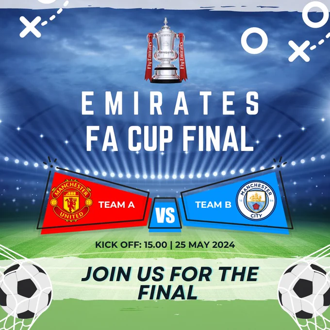Join us as Manchester City and Manchester United battle it out for football supremacy! Wear your team colors, bring your cheers, and let’s make this final unforgettable. Whether you’re a Citizen or a Red Devil, this clash promises excitement, drama, and history in the making.
See you there! ⚽🎉