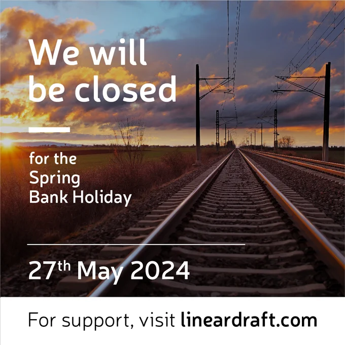 We will be closed for the Spring Bank Holiday, 27th May 2024. A sunset over an electrified railway.