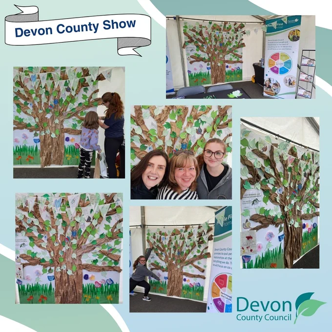 6 pictures taken throughout day 3  of the aspiration tree on the Social Care stand at the Devon County Show. One with a child sticking a leaf to the tree with help from a team member. One highlights how full the tree looks with one of the team using there arms to highlight it. There is also a picture of the three team members at the show on Saturday.